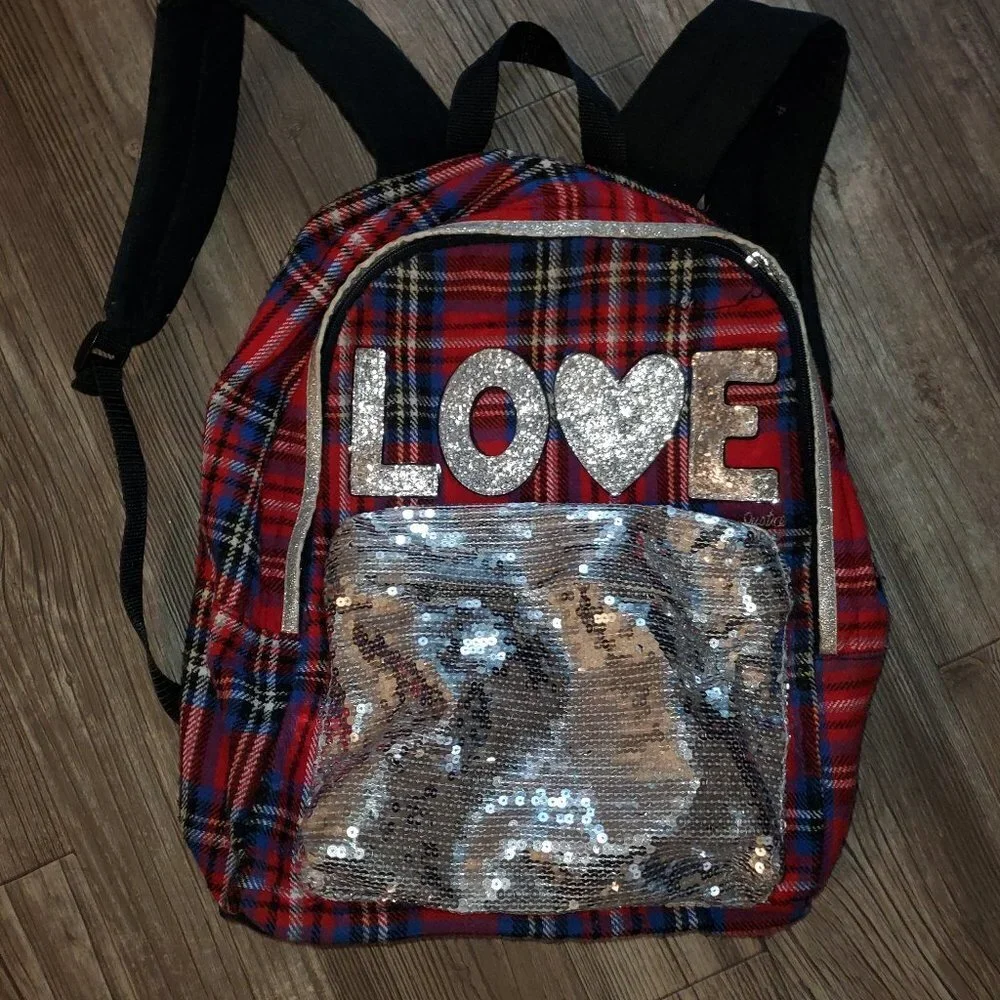 Justice Love Red Plaid Glitz Backpack